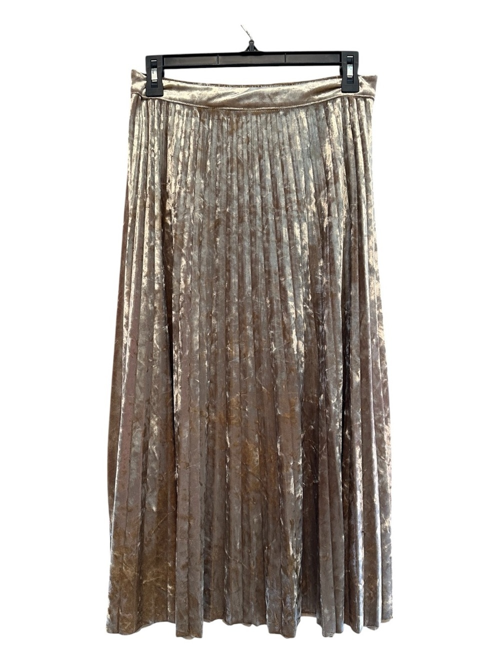 Skies Are Blue Metallic Pleated Crushed Velvet Maxi Skirt in Champagne Taupe S